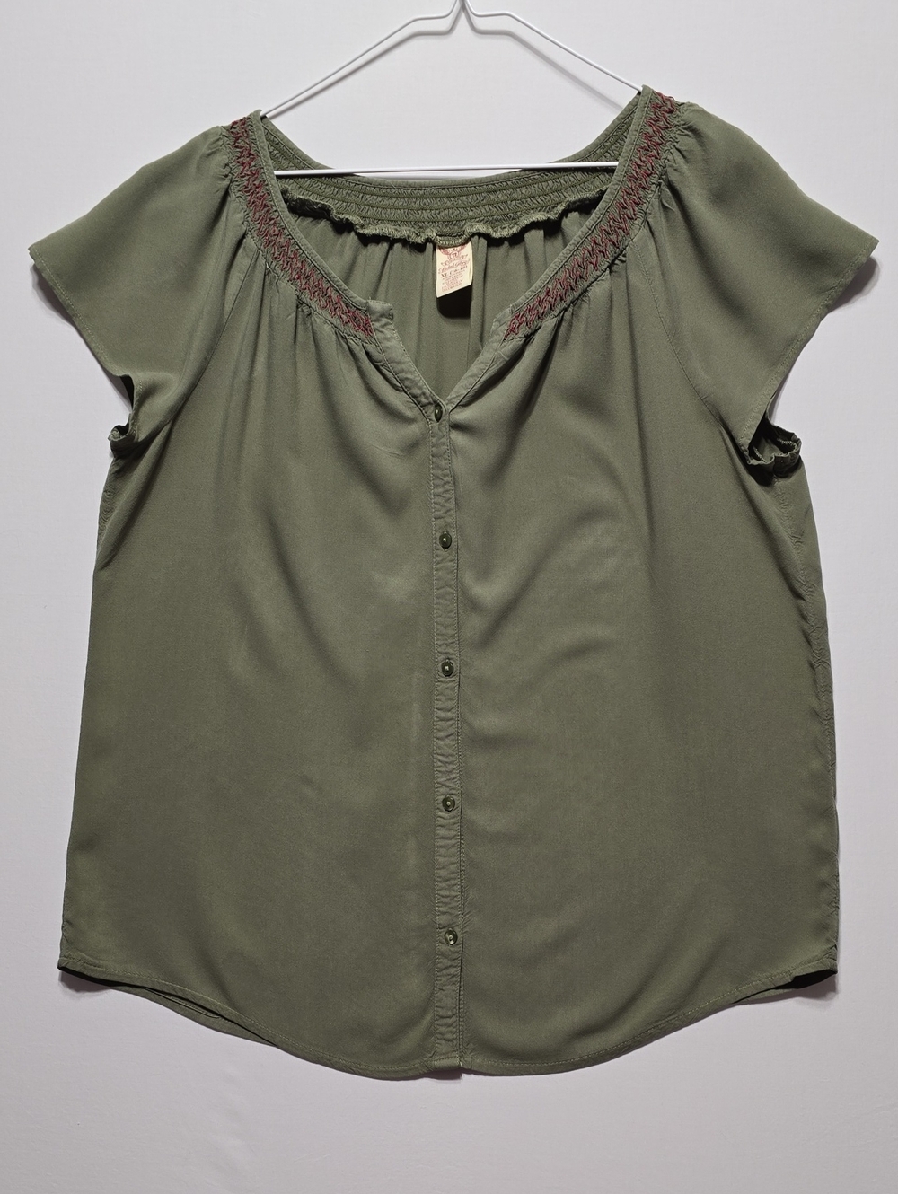 Faded Glory Olive Green Button-Front Smocked-Neck Blouse